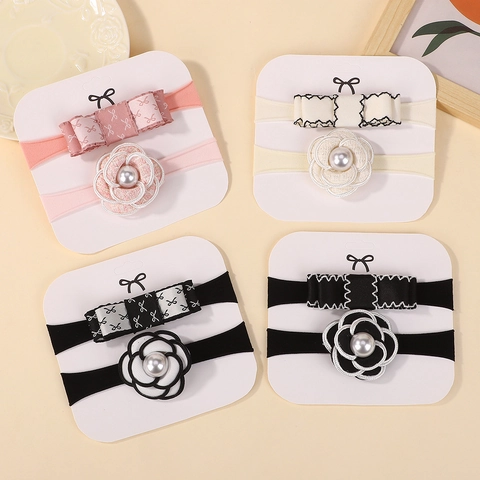 Fascia per Capelli in Nylon Elastico per Neonata Elegante Fiore di Camelia e Fiocco Con Perla Artificial Sintetica Accessori per Capelli