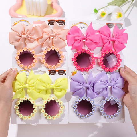 Kids Ribbon Bow Hair Clips Daisy Flower Round Sunglasses Baby Girl Hair Accessories Summer Vacation Cute Toddler Headwear Gift