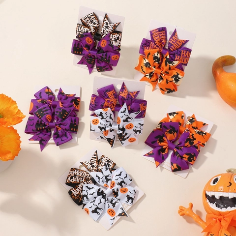 Set di Fermagli per Capelli con Fiocco di Halloween per Bambini Zucca Pipistrello Strega Stampato Fiocchi per Ragazze