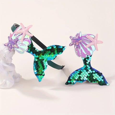 Sequin Cloth Mermaid Tail Hair Accessories For Girls Kids Cartoon Fishtail Shell Starfish Headband And Hair Clip Party Hair Decor