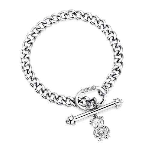 Bracciale Hip Hop in Acciaio al Titanio Maglia Cubana Uomo Donna Argento con Ciondolo Orso Strass Chiusura Toggle