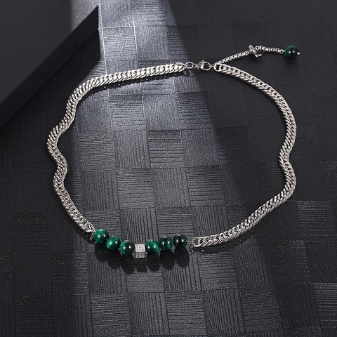 Hip Hop Titanium Steel Cuban Link Necklace With Green Tiger Eye Beads And Rhinestone Square Pendant For Men Women Jewelry