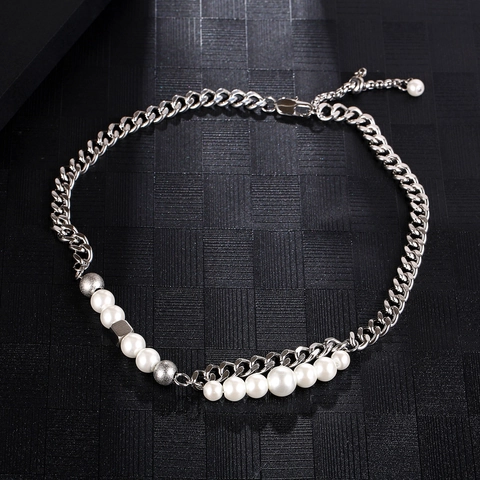 Collier de Perles Patchwork en Acier Inoxydable Hip Hop pour Hommes Femmes Chaîne Gourmette Argent Épissure Pendentif Cube Bijoux
