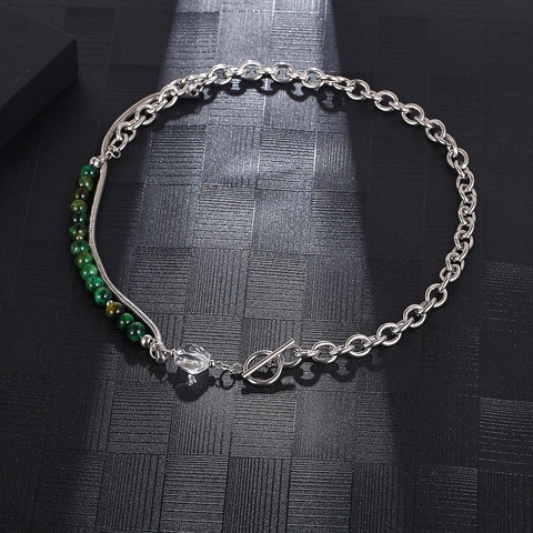 Unisex Titanium Steel Splicing Necklace Hip Hop Double Layer Chain Green Jade Beads Toggle Clasp Jewelry Gift