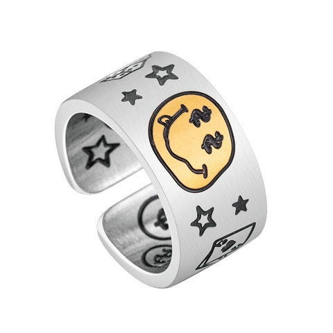 Anello Aperto con Faccina Sorridente e Segno del Dollaro Graffiti Vintage Punk Acciaio al Titanio Regolabile Street Hip Hop Uomo Donna