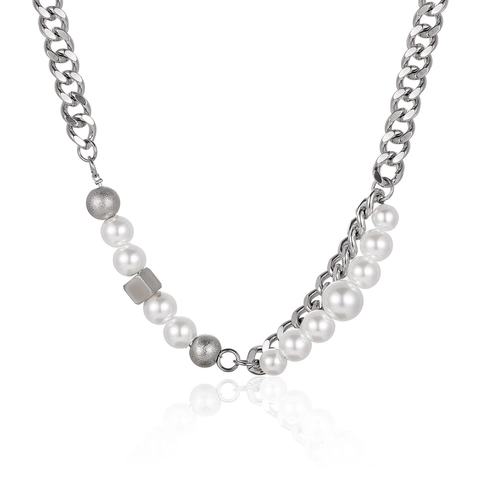 Collier de Perles Patchwork en Acier Inoxydable Hip Hop pour Hommes Femmes Chaîne Gourmette Argent Épissure Pendentif Cube Bijoux