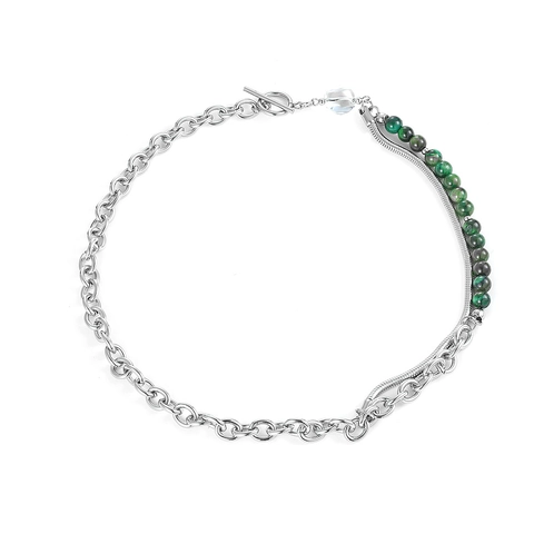 Unisex Titanium Steel Splicing Necklace Hip Hop Double Layer Chain Green Jade Beads Toggle Clasp Jewelry Gift
