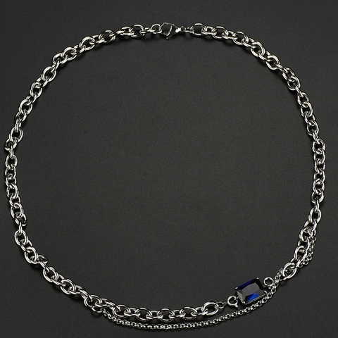 Dubbellaagse Titaniumstaal Blauwe Saffier Hanger Halsketting Hip Hop Niche Ontwerp Sleutelbeen Ketting Voor Mannen Vrouwen Mode Sieraden