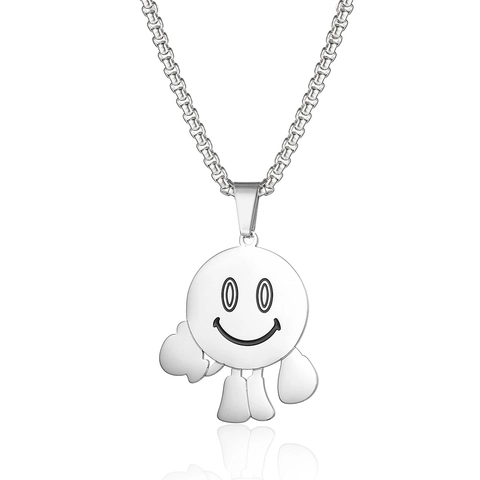 Collar con Colgante de Cara Sonriente de Dibujos Animados Hip Hop de Acero de Titanio para Hombre Mujer Plata Pulida