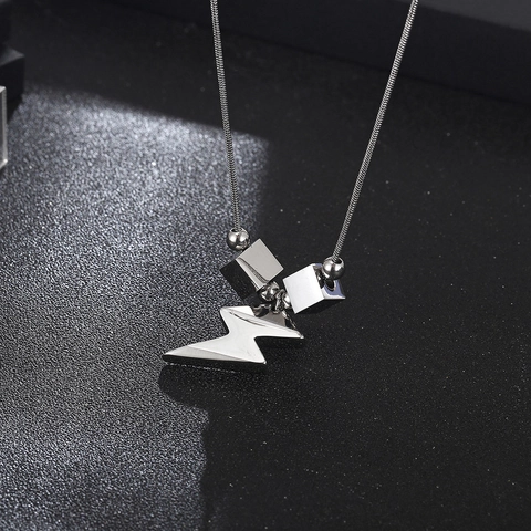 Hip Hop Polished Titanium Steel Lightning Pendant Necklace Unisex Punk Square Beads Snake Bone Chain Jewelry For Men Women