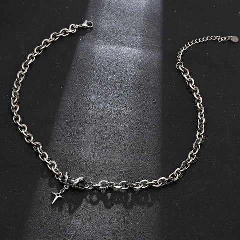 Collana Doppia Catena In Acciaio Al Titanio Con Gemma Nera Ciondolo Stella Croce Gioielli Gothic Punk Hip Hop Per Uomo Donna