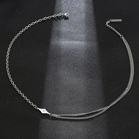 Minimalist Stainless Steel Rhombus Pendant Necklace Asymmetrical Splicing Chain Geometric Zirconia Jewelry For Men Women Daily Streetwear