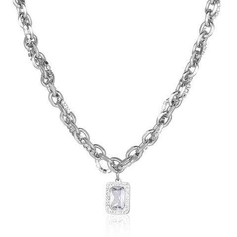 Collar con Colgante de Zirconia Rectangular de Acero Inoxidable Hip Hop para Hombre Mujer Joyería de Cadena de Eslabones Plateada