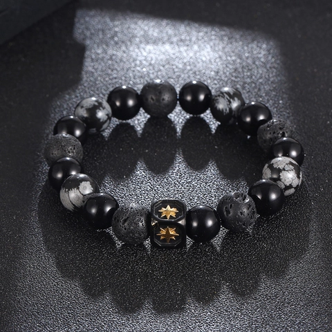Schwarzer Achat Lavastein Schneeflocken Obsidian Perlenarmband Gold Stern Quadratperle Retro Hip Hop Elastischer Schmuck