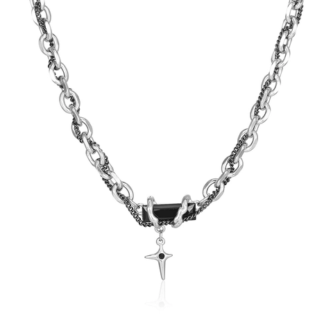 Collana Doppia Catena In Acciaio Al Titanio Con Gemma Nera Ciondolo Stella Croce Gioielli Gothic Punk Hip Hop Per Uomo Donna