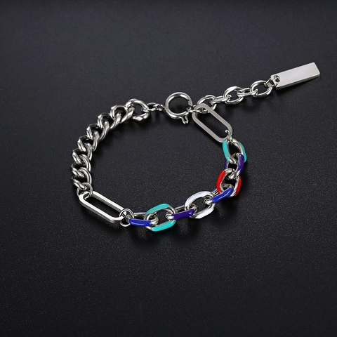 Bracelet Unisexe en Acier au Titane Avec Maillons Cubains Épissés et Émail Coloré Bijoux de Mode Hip Hop Streetwear