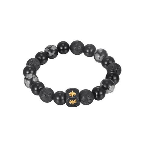 Schwarzer Achat Lavastein Schneeflocken Obsidian Perlenarmband Gold Stern Quadratperle Retro Hip Hop Elastischer Schmuck