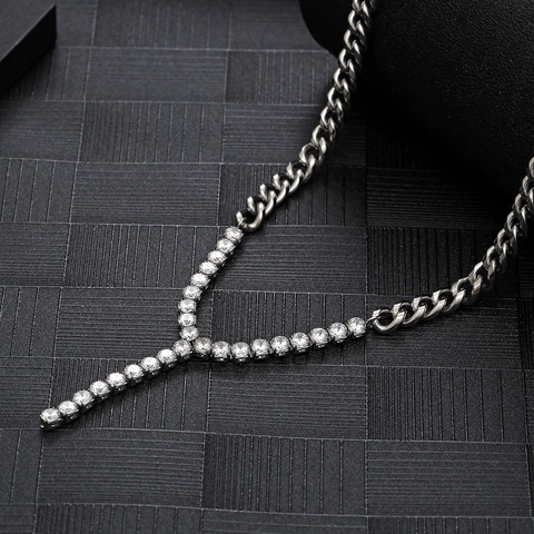 Hip Hop Y Form Halskette Titanstahl Panzerkette Zirkon Pflaster Kette Schmuck Für Damen Herren Street Trend Accessoire Silber
