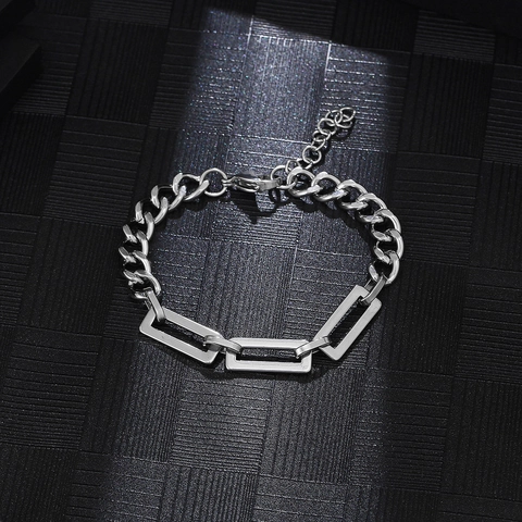 Bracciale Hip Hop in Acciaio al Titanio Minimalista Geometrico Quadrato Splicing Catena Cubana Bracciale Argento Lucido Gioielli per Uomo Donna Streetwear