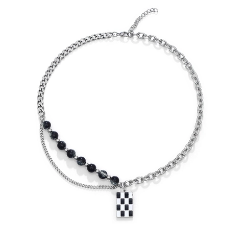 Collier Double Couche Hip Hop en Acier Inoxydable Avec Pendentif Émaillé en Damier Chaîne Gourmette Pour Hommes Femmes Bijoux Streetwear