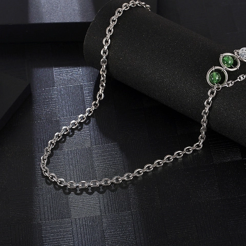 Titanium Steel Splicing Green Cracked Bead Suspended Necklace Unisex Personalized Double Layer Clavicle Chain Jewelry Gift