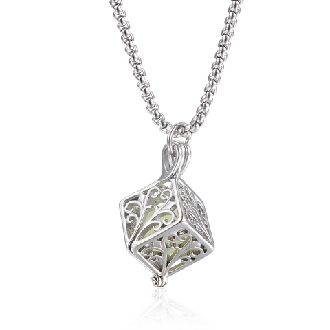 Hip Hop Luminous Tree Of Life Stainless Steel Necklace For Men Women Geometric Hollow Cube Pendant Glowing Jewelry Gift