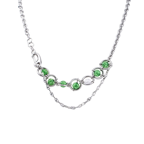Titanium Steel Splicing Green Cracked Bead Suspended Necklace Unisex Personalized Double Layer Clavicle Chain Jewelry Gift