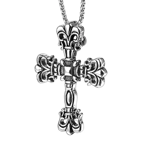 Vintage Gothic Stainless Steel Cross Pendant Necklace Men Religious Fleur-de-lis Titanium Steel Jewelry Punk Hip Hop Accessory