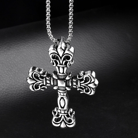 Vintage Gothic Stainless Steel Cross Pendant Necklace Men Religious Fleur-de-lis Titanium Steel Jewelry Punk Hip Hop Accessory