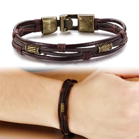 Vintage Multi-layer Braided Leather Bracelet For Men Cool Punk Metal Clasp Wrap Bangle Fashion Retro Jewelry Gift