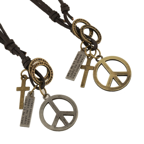 Vintage Punk Echtes Leder Kordel Anhänger Halskette Mit Legierung Friedenssymbol Kreuz Und Graviertem Metallanhänger Verstellbarer Schmuck Für Herren Damen