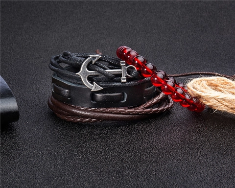 Vintage Men Multi Layer Leather Bracelet Set Alloy Anchor Charm Woven Wax Rope Red Beads Bohemian Punk Jewelry For Daily Wear