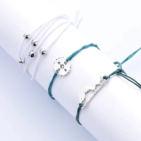 Bracciale in Corda Cerata Intrecciata Bohémien Con Ciondoli Bussola E Montagna in Lega Gioielli Outdoor Minimalisti Regolabili Donna