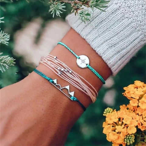 Bracciale in Corda Cerata Intrecciata Bohémien Con Ciondoli Bussola E Montagna in Lega Gioielli Outdoor Minimalisti Regolabili Donna