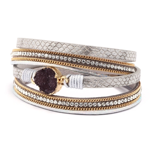 Boheemse Meerlaagse Wikkelarmband Voor Dames Paars Druzy Kristal Slangenprint Kunstleer Gouden Ketting Strass Armband Sieraden
