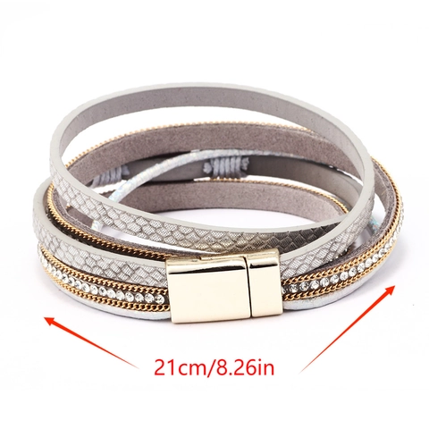 Boheemse Meerlaagse Wikkelarmband Voor Dames Paars Druzy Kristal Slangenprint Kunstleer Gouden Ketting Strass Armband Sieraden
