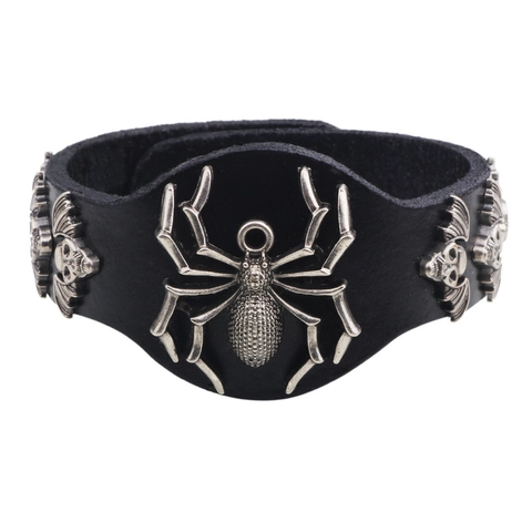 Bracciale da Uomo in Vera Pelle Punk Gothic Ampio Polsino Con Ragno Teschio Pipistrello in Lega Rivetti Gioielli Rock