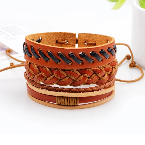 Vintage Men Braided Leather Bracelet Set Retro Handmade Multi Layer Cord Adjustable Bracelet Bohemian Ethnic Jewelry Gift