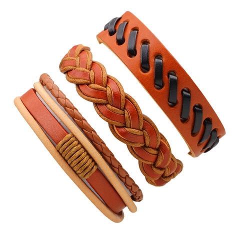 Vintage Men Braided Leather Bracelet Set Retro Handmade Multi Layer Cord Adjustable Bracelet Bohemian Ethnic Jewelry Gift