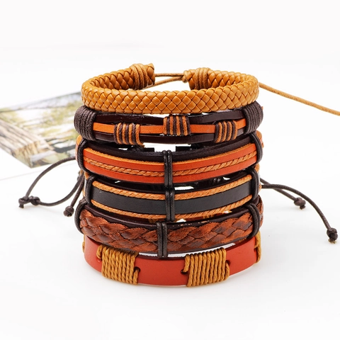 Set di Bracciali in Pelle Intrecciata a Mano per Uomo Donna Retro Bohemian Multistrato in Pelle Bovina Corda Cerata Gioielli Punk Regalo