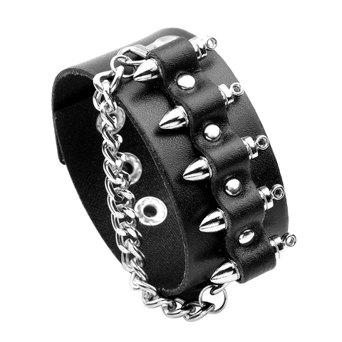 Bracciale da Uomo in Pelle Punk Con Borchiati Rivetti Catena di Metallo Rock Gothic Polsino Largo Regolabile Bottone Gioielli Regalo
