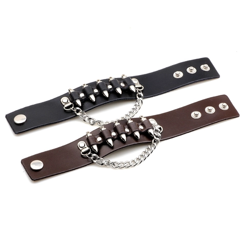 Bracciale da Uomo in Pelle Punk Con Borchiati Rivetti Catena di Metallo Rock Gothic Polsino Largo Regolabile Bottone Gioielli Regalo