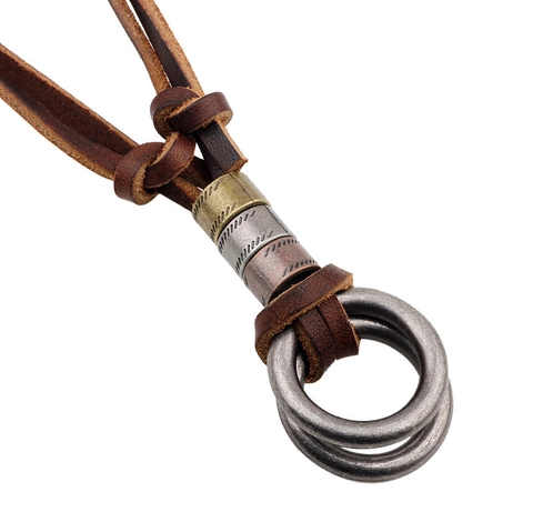 Collier Cordon en Cuir Véritable avec Pendentif Double Anneau en Alliage Vintage pour Hommes Femmes Bijoux Punk Rétro Ajustables