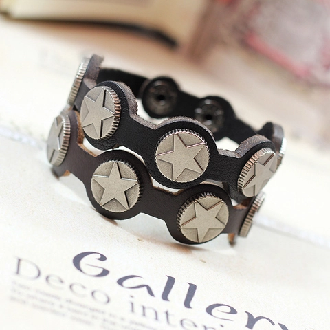 Punk Ster Klinknagel Split Lederen Armband Mannen Vrouwen Retro Verstelbare Brede Manchet Armring Gothic Sieraden Cadeau