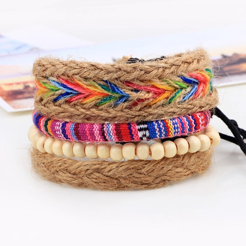 Boheems Etnisch Geweven Armband Set Voor Heren Dames Handgemaakte Hennep Touw Houten Kralen Meerlaagse Stapelbare Armband