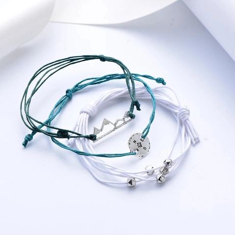 Bohemian Gewebte Mehrlagige Charm Armbänder Für Damen Legierung Kompass Berg Anhänger Verstellbare Baumwollleinen Seil Modeschmuck Geschenk