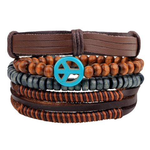 Vintage Multi-layer Peace Sign Leather Wood Bead Bracelet Bohemian Ethnic Hand-woven Wristband Jewelry Men