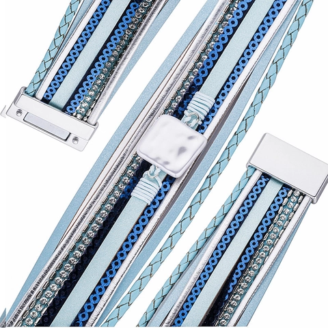 Bracelet en Cuir Multicouche Bohémien pour Femmes Charme en Alliage et Strass Tissé Fermoir Magnétique Bijoux de Mode Cadeau