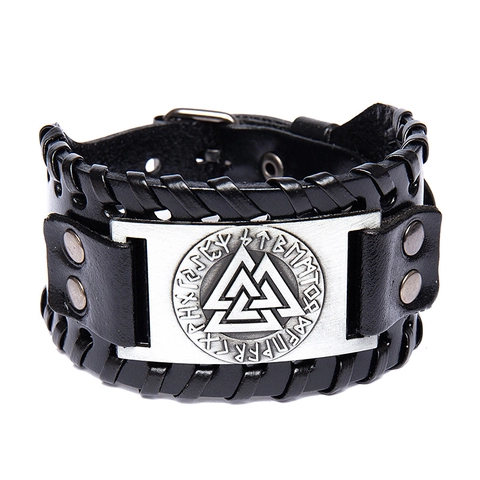 Vintage Viking Leather Bracelet For Men Wide Cuff Bracelet Nordic Valknut Rune Charm Adjustable Punk Gothic Wristband