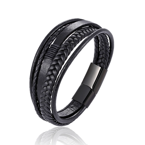 Handmade Multi-layer Braided Leather Bracelet For Men Vintage Punk Stainless Steel Magnetic Clasp Biker Wristband Jewelry